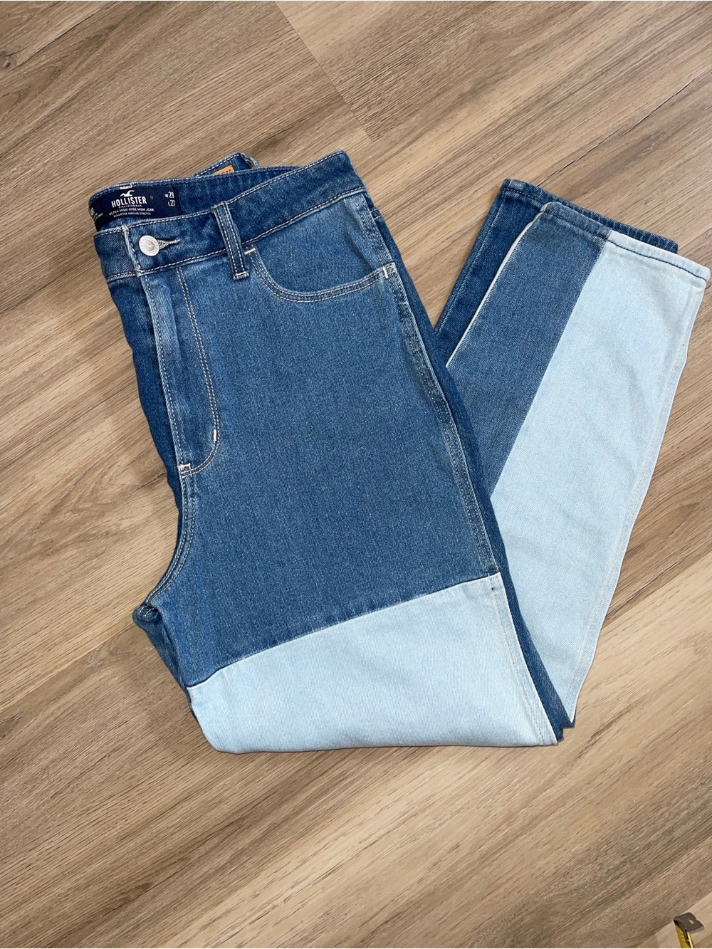 Hollister Two-Tone Light and Medium Blue High-Rise Mom Jeans